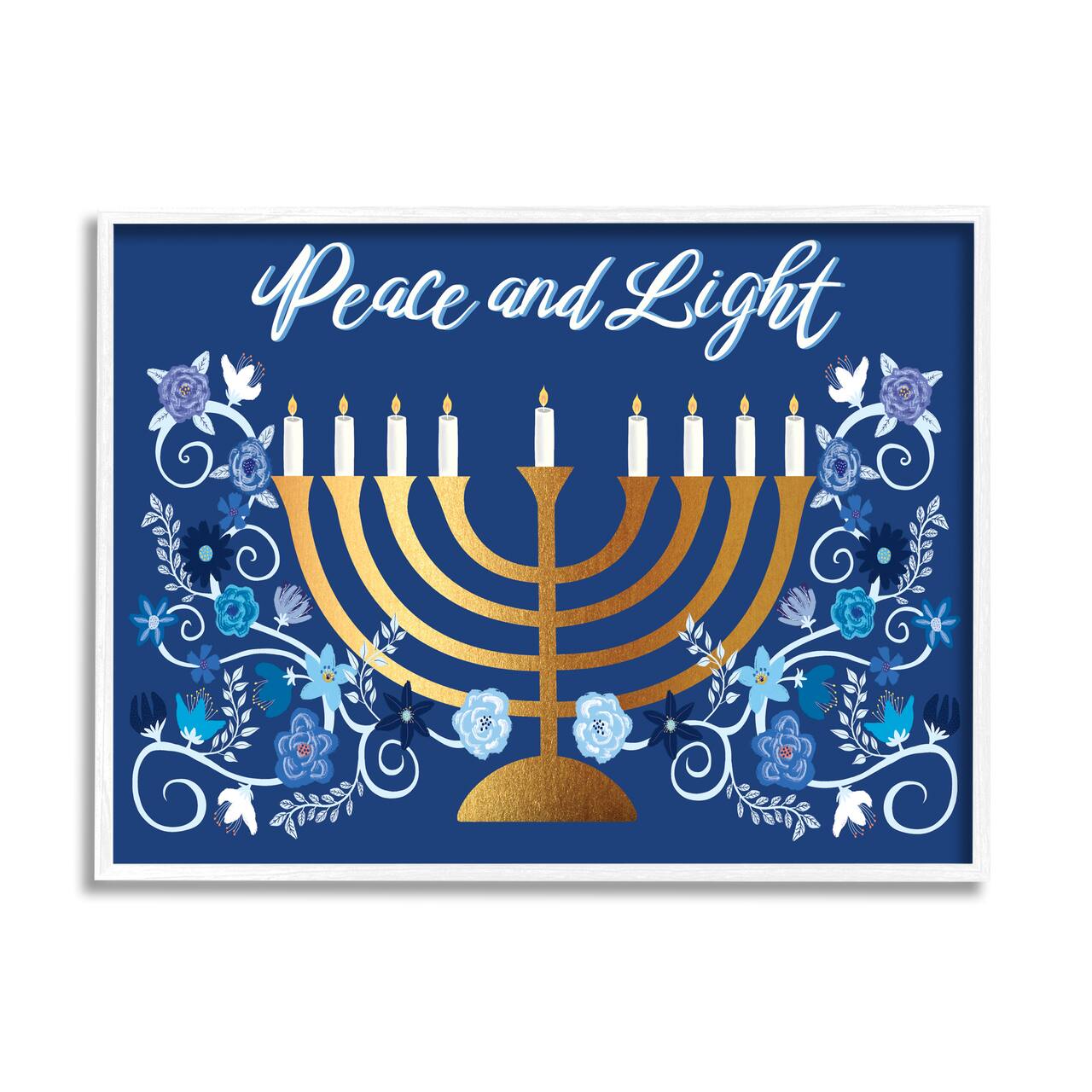 Stupell Industries Peace & Light Floral Hanukkah Menorah Framed Giclee Art